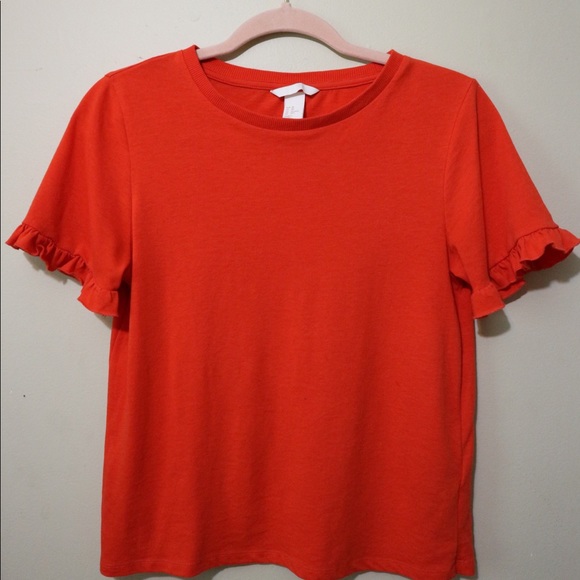 Bright Orange/Red T-Shirt With Ruffle Sleeves - Picture 1 of 3